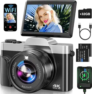 4K Digital Camera for Photography with WiFi 64MP Auto-Focus Vlogging Camera for YouTube Video 3'' 180 Flip Screen 4K Cameras 16X Zoom Anti-Shake Compact Point and Shoot Cameras with SD Card