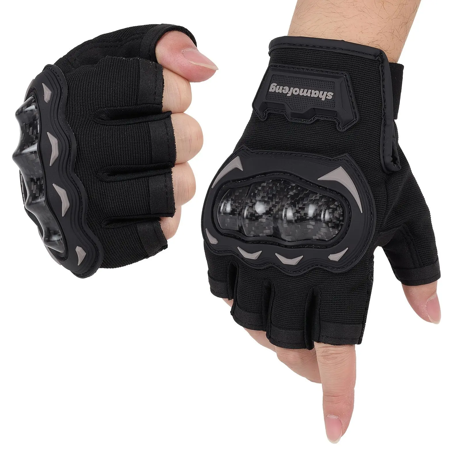 1-Pair Carbon Fiber Motorcycle Gloves with Shockproof Knuckle Protection, Breathable Half-Finger & Hook-and-Loop Closure Suitable for Cycling, Motocross, Skiing, for and, Spring/Summer Gear (Black/Pink/Red/Grey)