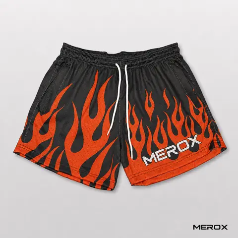 MEROX Unisex Active Mesh Gym Shorts - Black Orange Flame Graphic, Zipper Pockets for Gym Workouts, All Sports Flame Streetwear Shorts Cool Sports Shorts Graphic Track Shorts Premium Mesh Shorts