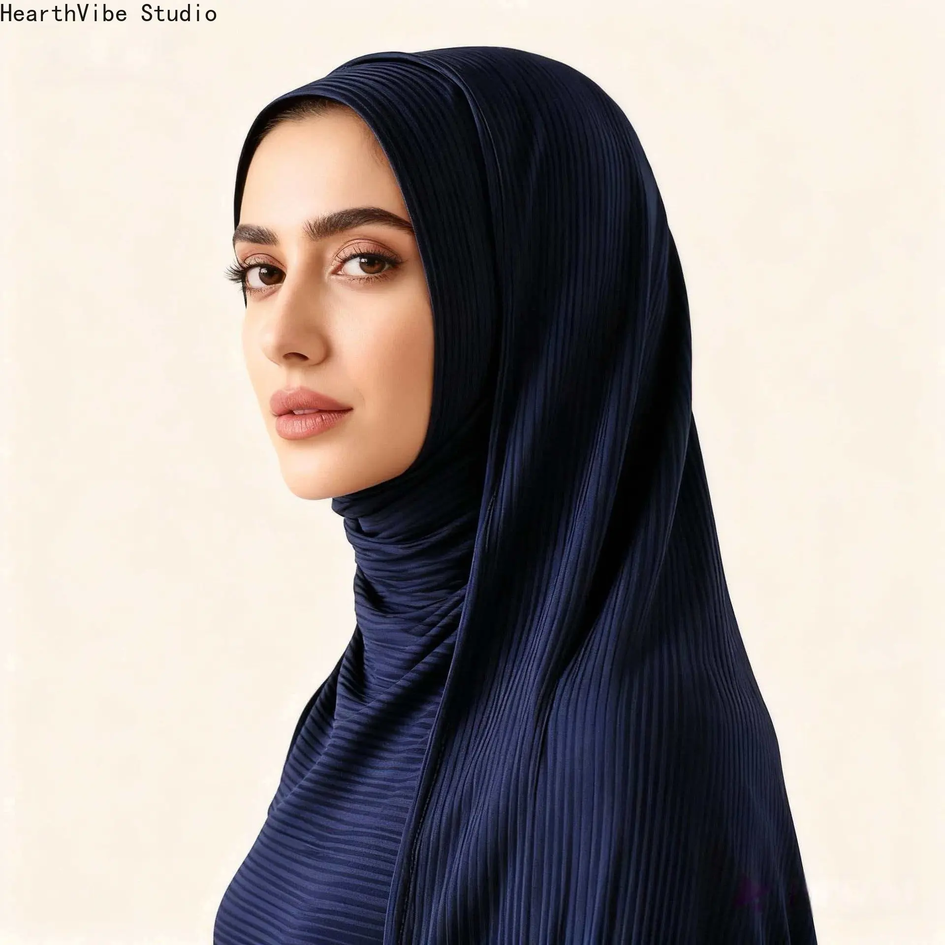 Elegant Navy Blue Plisse Sporty Sports Headband - Premium Ribbed Pleated Jersey Hijab, Lightweight Breathable Non-Slip Muslim Shawl for Work & Everyday Casual Wear, Sporty Sports Headbands