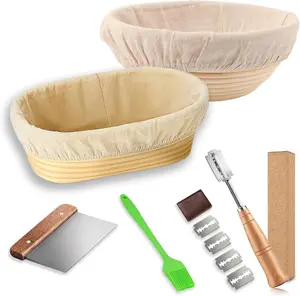Banneton Bread Proofing Basket Set of 2 - 9" Round & 10" Oval Baskets with Dough Scraper, Liners, Silicon Brush & Lame for Baking and Fermentation