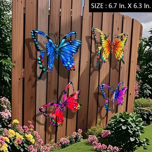 4-Piece Set of 3D Color Metal Butterfly Wall Decoration, Ideal for Gardens & Terraces, Living Rooms, Bedrooms, Balconies, Outdoor Fence Decor