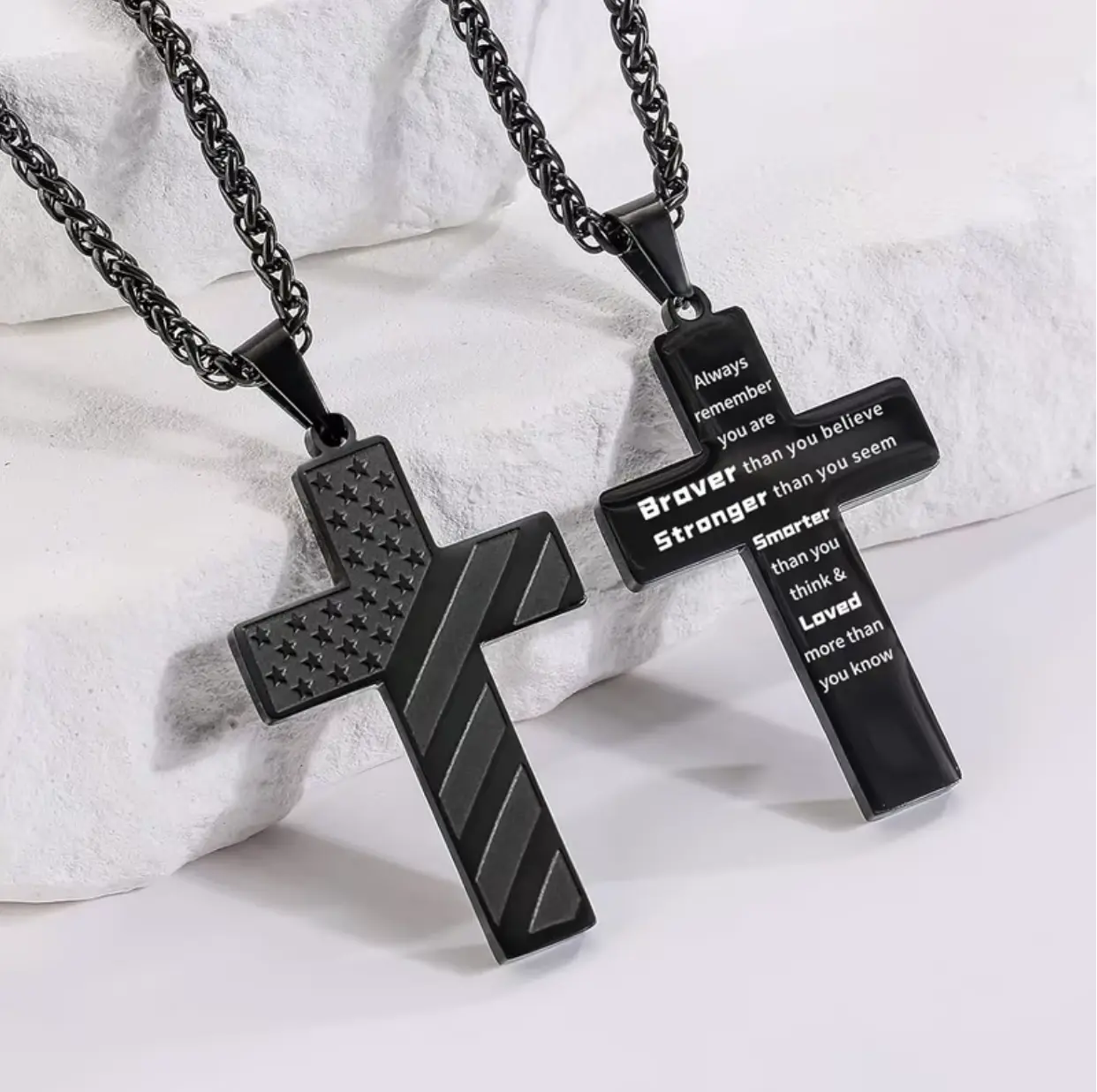Patriotic American Flag Cross Necklace in Stainless Steel, Religious Jewelry for Women and Men with Engraved Bible Verse, Bible Verses, Spiritual Jewelry, Unisex, Star-Stripe, Cross Chain Design, Cross Jewelry Print