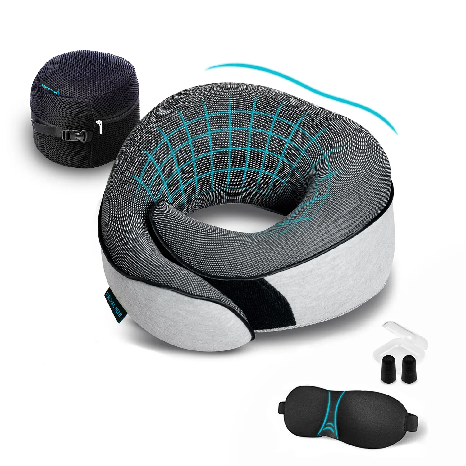Proglobe 360° Travel Neck Pillow Kit: Airplane & Car Essentials with 3D Eye Mask, Earplugs & Luxury Mesh Bag for Long Flights