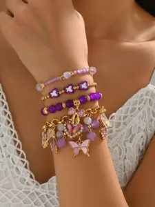 5Pcs Purple Butterfly Beaded Charm Bracelet Stack Set, Multi-Piece Stretchable Layered Bracelets with Gold Tone, Y2K Boho Style, Perfect for Daily Wear, Festival, Beach, Casual & Formal Occasions, Fashionable Bracelet