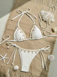 Women's Bikini Set with Shell Decoration, Sexy Triangle Top & Tie-Side Bottoms, Bohemian Beach Style for Vacation & Pool Party, Spaghetti Strap Bikini