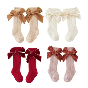 #Springtok 4 Pair Socks Baby Girl Knee High Socks Soft Long Socks Cotton Stockings with Velvet Bows for Infants Toddlers