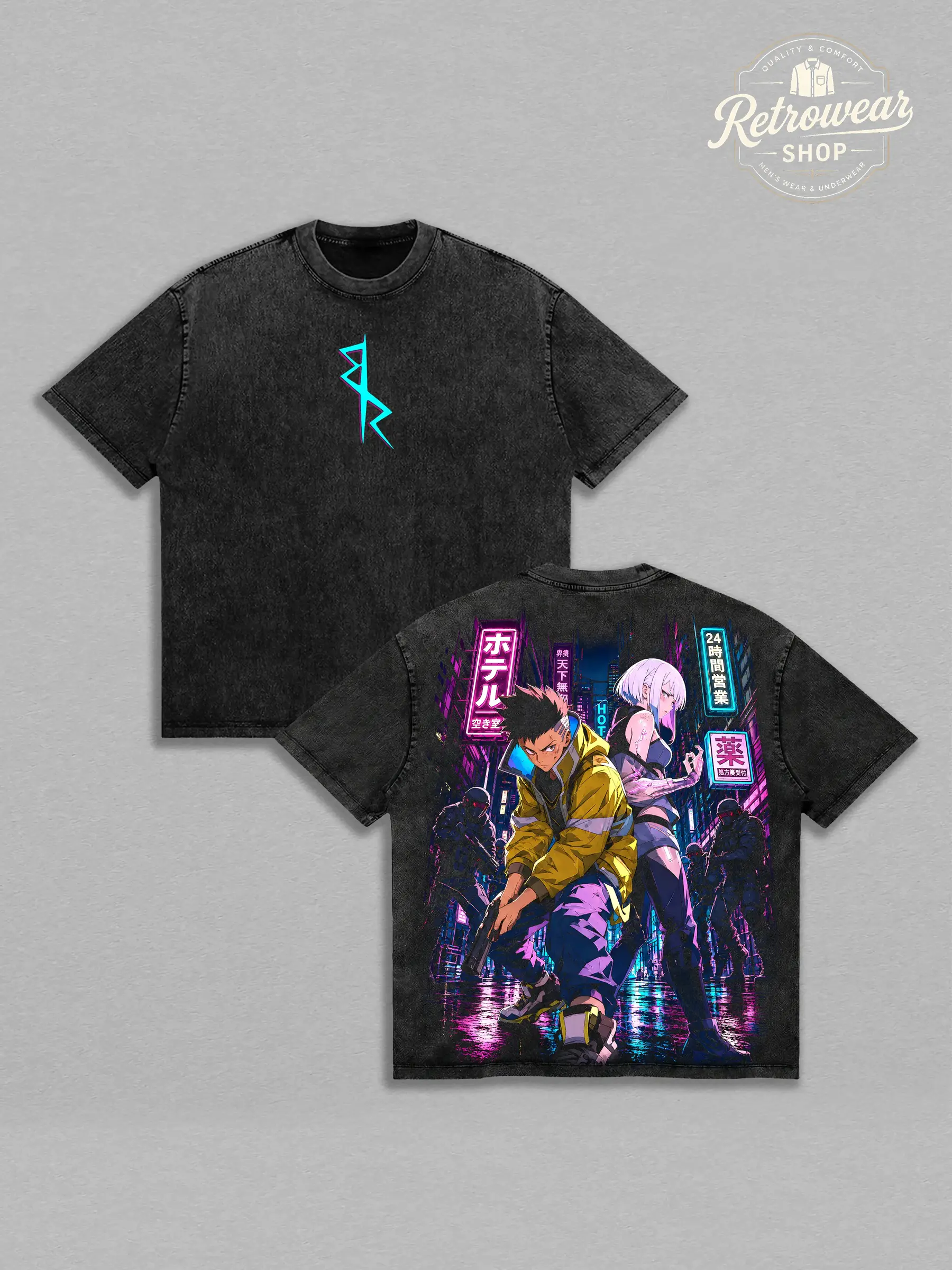 Men's David x Lucy Cyberpunk Edgerunners Anime Tshirt - Vintage Washed, Oversized, Heavyweight Cotton, Cyberpunk Print Top with Shoulder Tape, Casual Neon Sci-Fi Streetwear Shirt, Heavy Cotton, Oversized Fit
