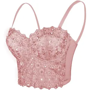 Women's  Reigning Lace Rhinestone Bustier Crop Top Sexy Mesh Corset Top Bra