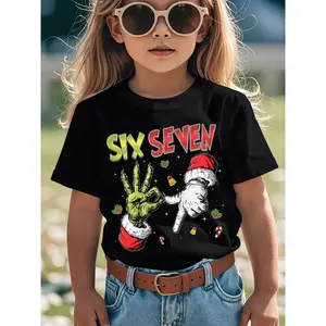 SIX SEVEN Girls' Colorful Christmas T-Shirt - A fun black t-shirt decorated with hands and Santa's hand patterns, full of festive spirit, perfect for holiday celebrations - Comfortable and casual fit, great for pairing with jeans and sunglasses for outdoo