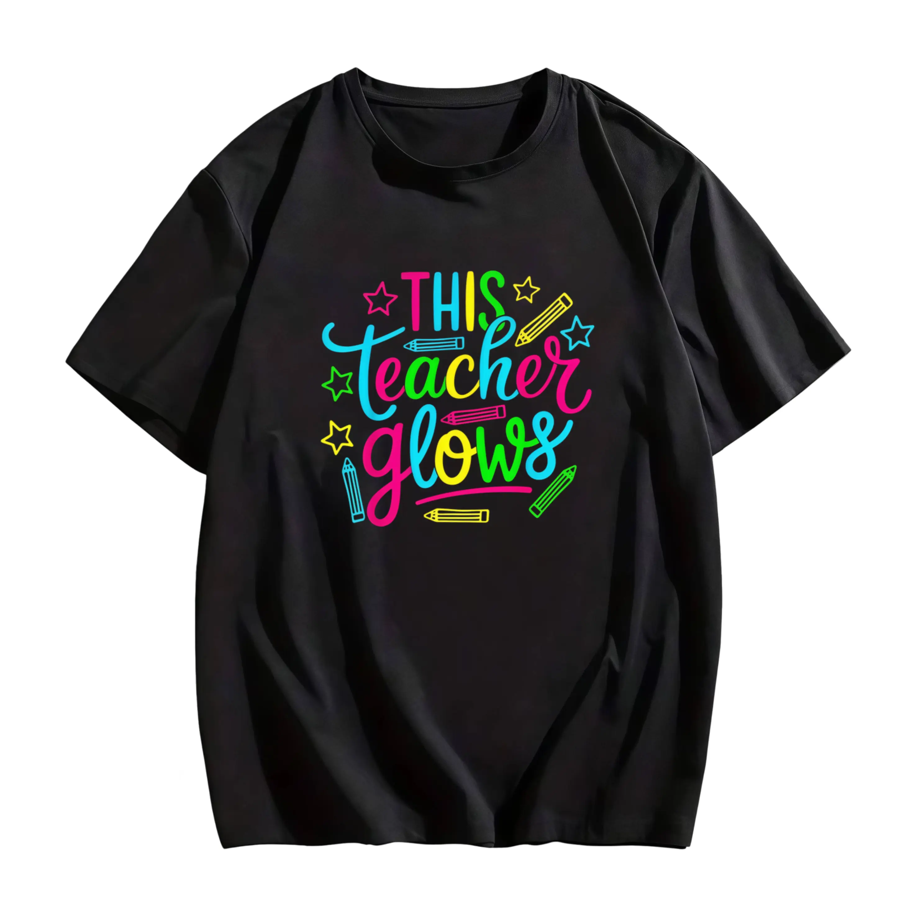 Glow-in-the-Dark Neon Teacher T-Shirt - 80s 90s Retro Glow Up Party Outfit, Glowable for all-Season, Loose Fit Round Neck Tee for Men Themed Events & Parties - Nostalgic Glowtooth suitable for teachers