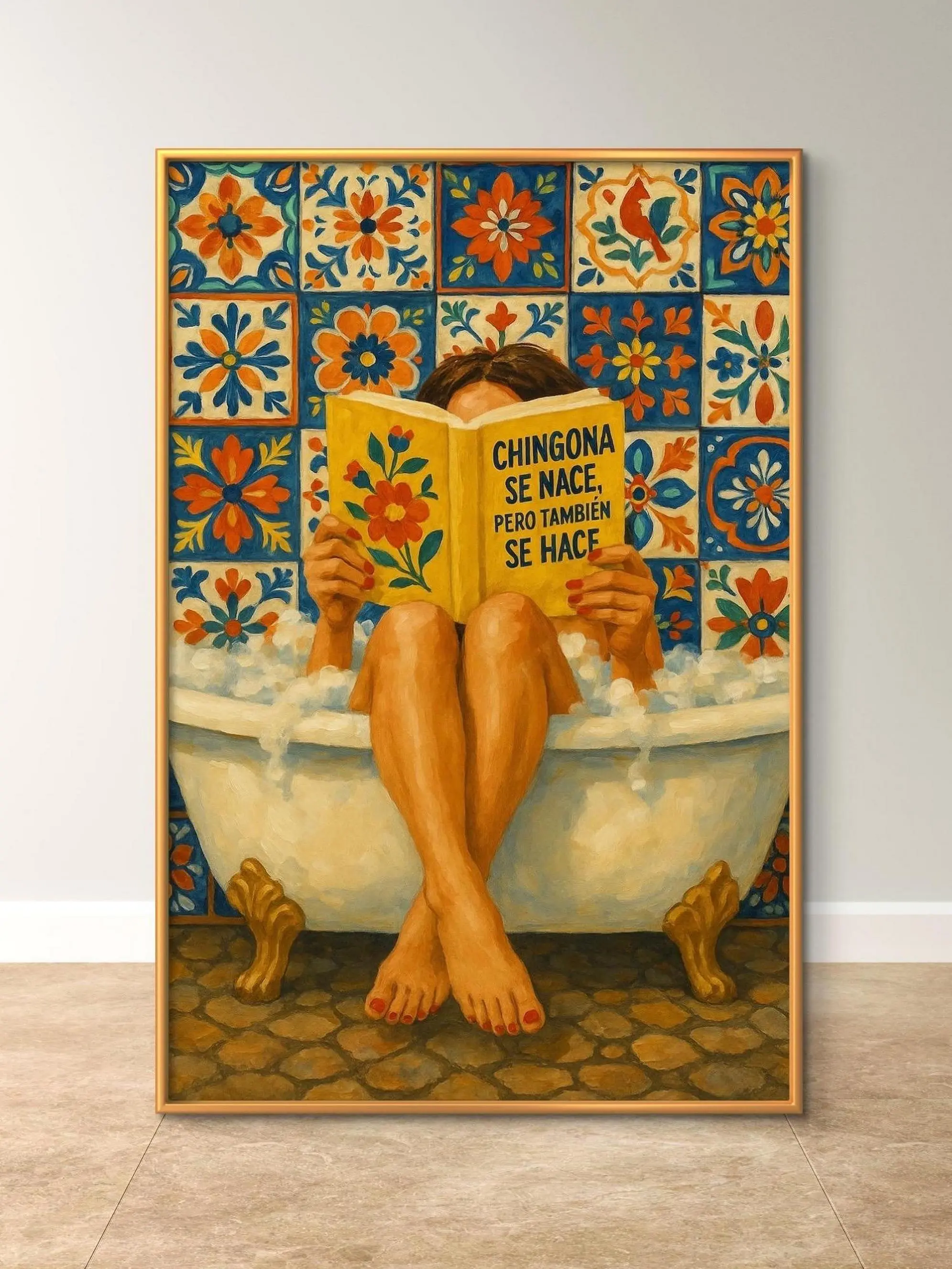 [UNFRAMED] Mexico Wall art, Mexicana wall art, Relaxing Bath Time Wall Art, Bathroom wall decor, Cozy Bathroom Decor, Woman Reading in Tub