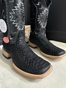 Black Matte Exotic Python Shoe - Leather Boot with Distressed Features and Original Design, Ideal for Comfort and Walking Shoes