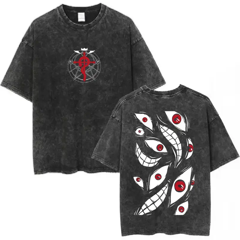 Anime Fullmetal Alchemist Washed T Shirts Edward Elric Alphonse Elric Eys T-Shirt Men's Women Fashion Casual Oversized T-shirts