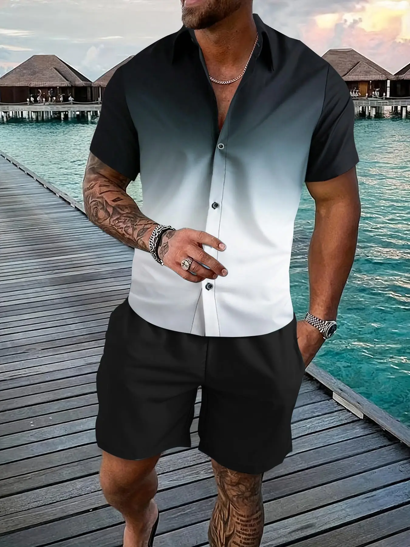 Men's Ombre Print Short Sleeve Shirt & Drawstring Waist Shorts Two-piece Set, Regular Fit Casual Fashion Cozy Breathable Two Piece Outfits for Summer,