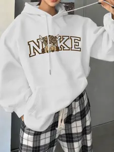 Women's Drawstring Hoodie with Highland Cow & Letter Print, Loose Fit Long Sleeve Casual Top for Fall & Winter