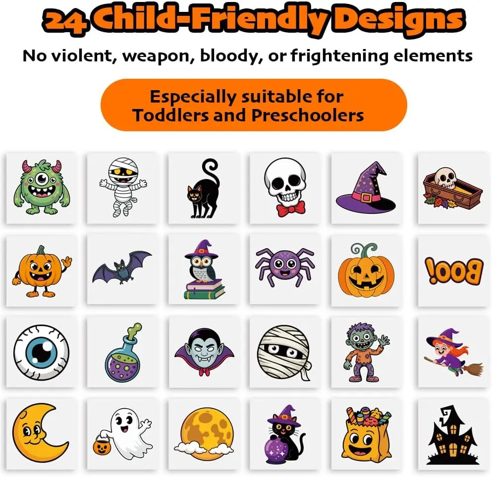 144PCS Halloween Temporary Tattoos for Kids, 24 Cute Spooky Designs, Halloween Party Favors, Trick or Treat Goodie Bag Stuffers, Classroom Gifts