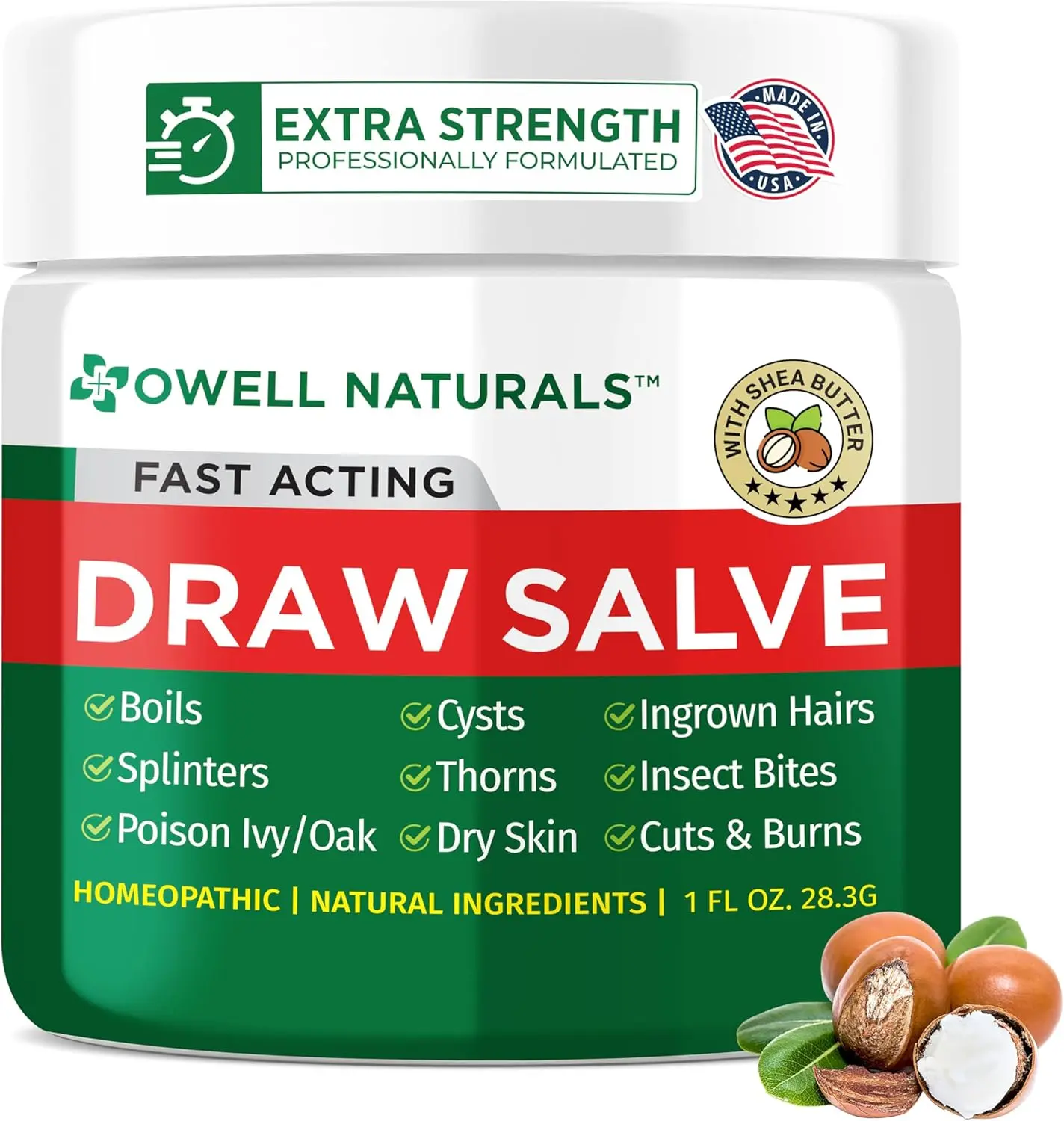 Owell Naturals Drawing Salve Ointment with Pure Shea Butter, for ingrown Hair, Boil, Splinter Remover, Bug Spider Bites, Bee Sting, Mosquito Itch, Poison Ivy, Burns & Cuts, 1 & 2 Fl Oz