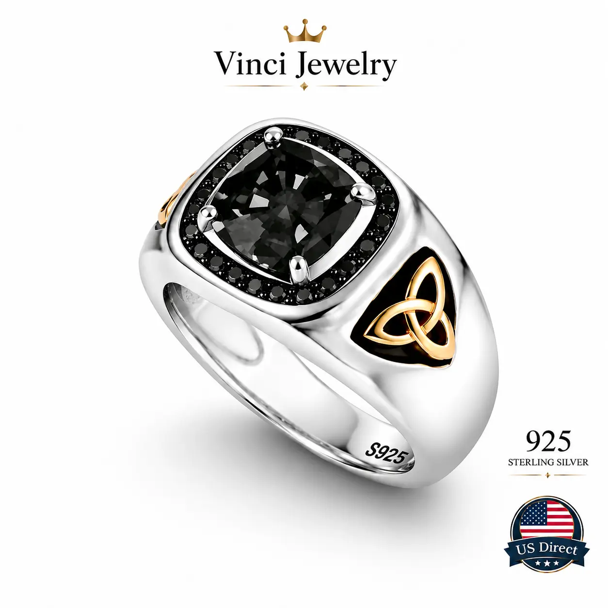 925 sterling silver Gothic Black Cushion Obisidian Signet Ring with Celtic Trinity Knot Two Tone Vintage Statement Jewelry for Men Women and Boyfriends Dark Academia Biker Punk Medieval Inspired Bold Luxury Style Everyday Party Anniversary Birthday Gift