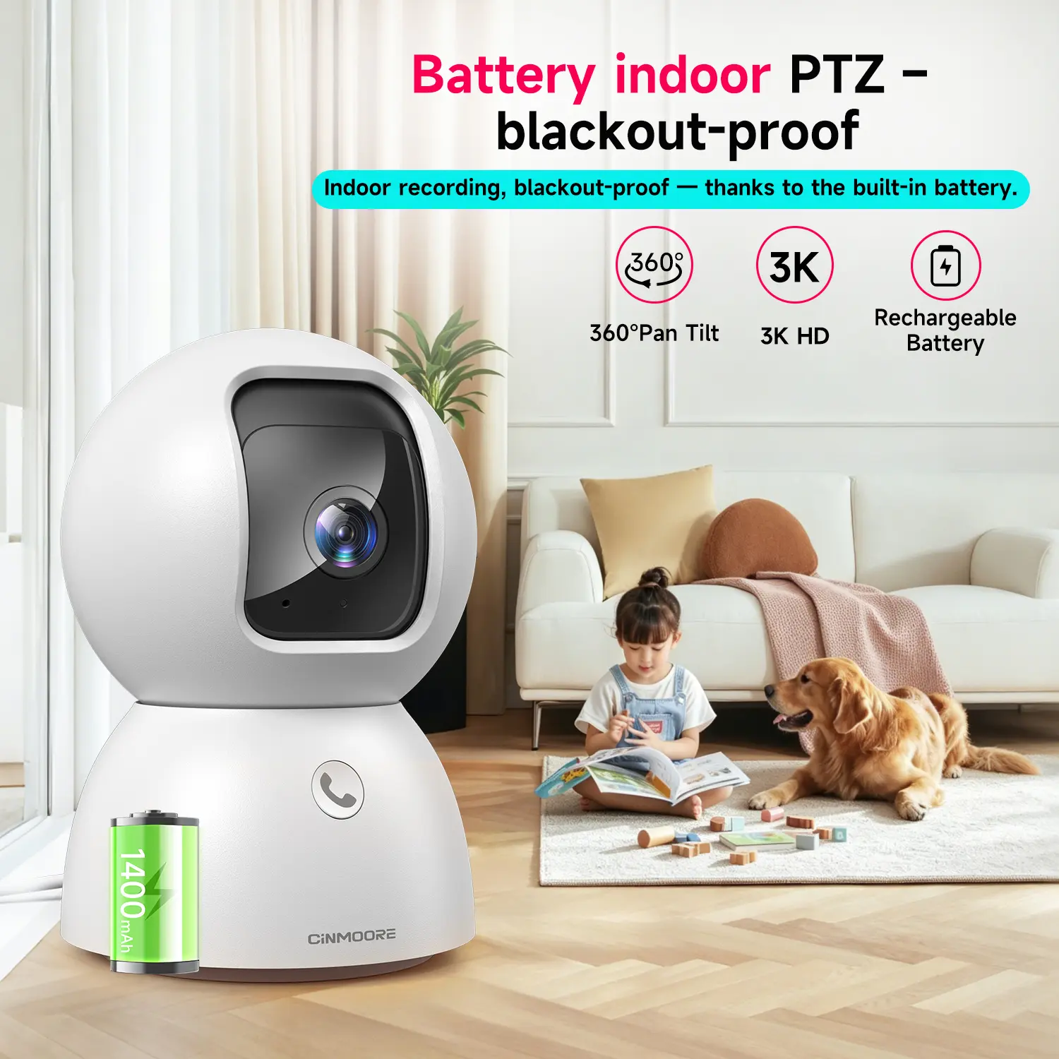 CINMOORE 3K Security Camera with 1400mAh Battery 5GHz/2.4GHz Dual Band for Pet Monitoring  Indoor with Phone App Cat Dog Cameras with Speaker, Pan-Tilt WiFi Baby Monitor Camera for Home Security, Pet/Facial AI Detection Motion Tracking, 2-Way Talk,