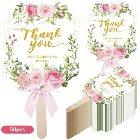 50pcs Aesthetic Artificial Flower Bouquet Hand Fans - Sturdy Handles, Handmade Decorative Bows, Pink & Green Accessories, Wedding Home Decoration Items, Alternative Home Supplies Hand Fans