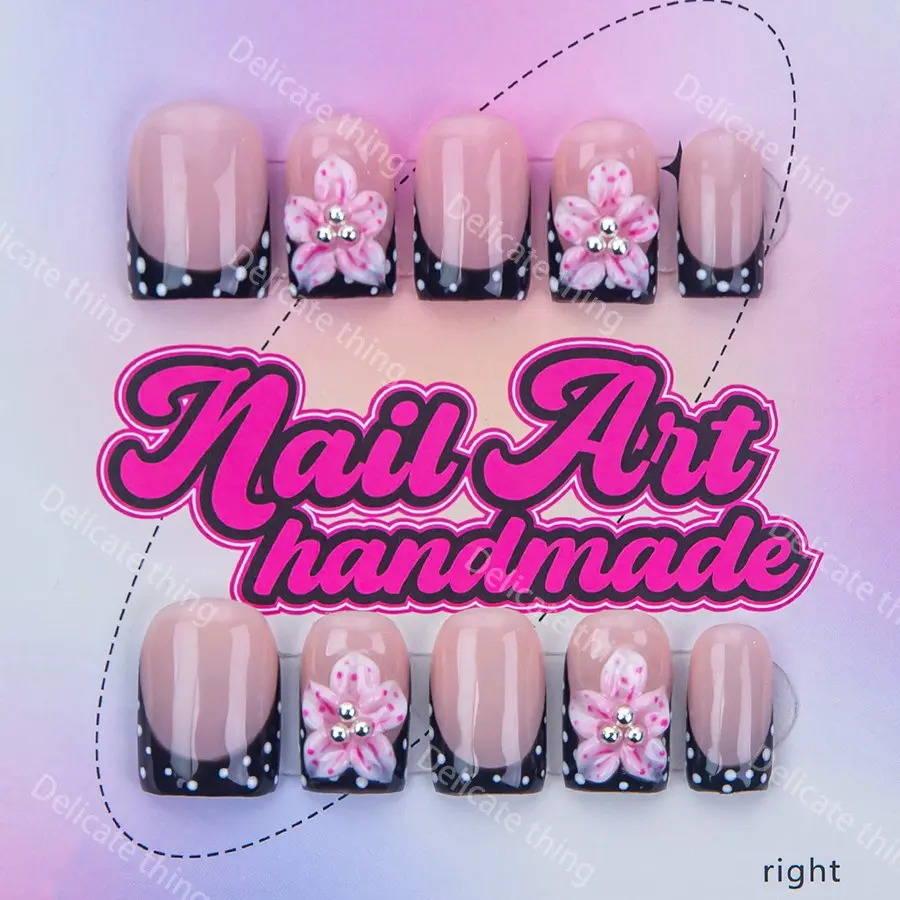 Delicatething Y2K Style Duckbill Square Nail Tips, Handmade French Design, 4 Sizes XS S M L, Perfect Gift for Girls, Handmade Wearable Nails