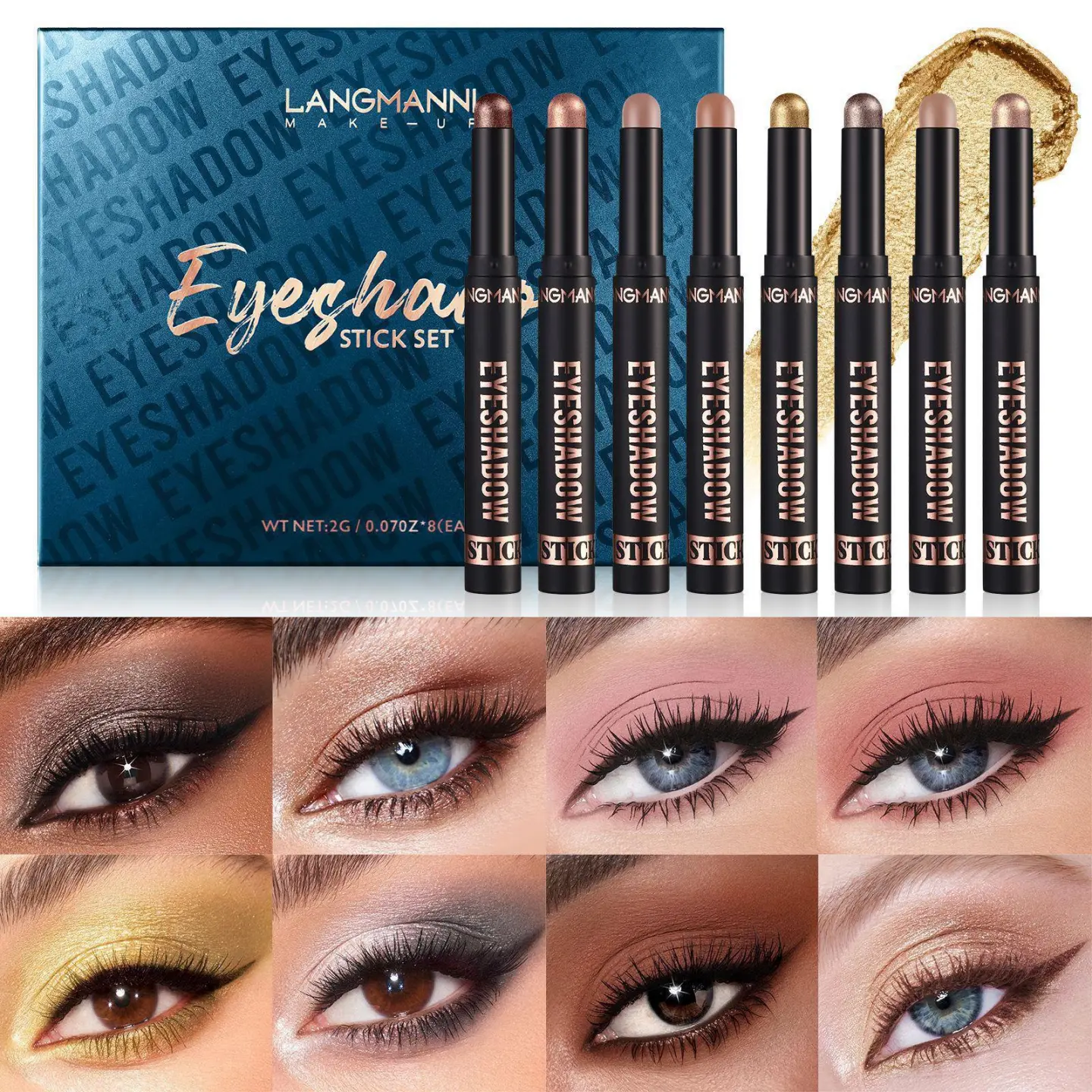8-Piece Soft Smooth Cream Eyeshadow Stick Cosmetic Gift Set - Matte Earth Tones, Bright Metallic Contour Sticks, Waterproof Long-Lasting Makeup Products, Beauty Products, Gift Sets For Women, Stick Set