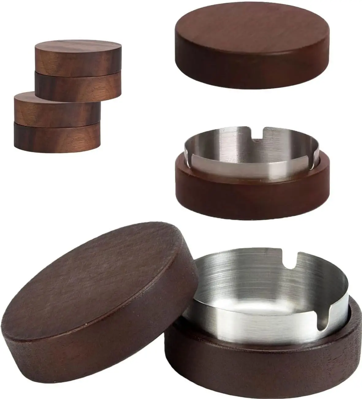 2 Pack Wooden Ash Tray with Lid Outdoor Ashtray for Outside Patio Smokeless Ashtrays for Cigarettes with 3 Holder Smoking Accessories Home