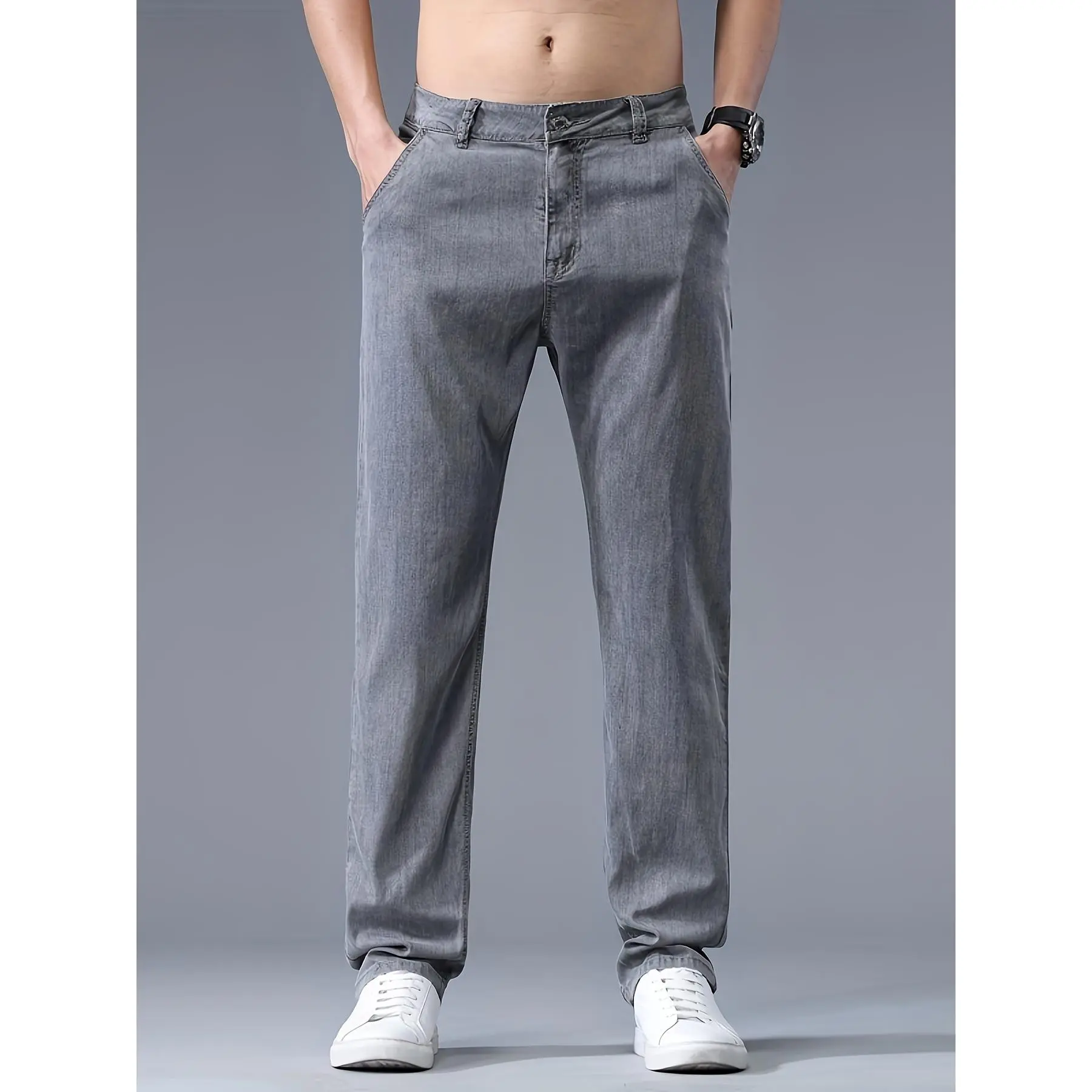 Men'S Lightweight Straight-Leg Jeans - Summer Casual Denim Pants Made from Soft Tencel Fabric, Light Blue Color, Loose Fit, Machine Washable, Perfect for Business Or Casual Outings, Business Casual Trousers.