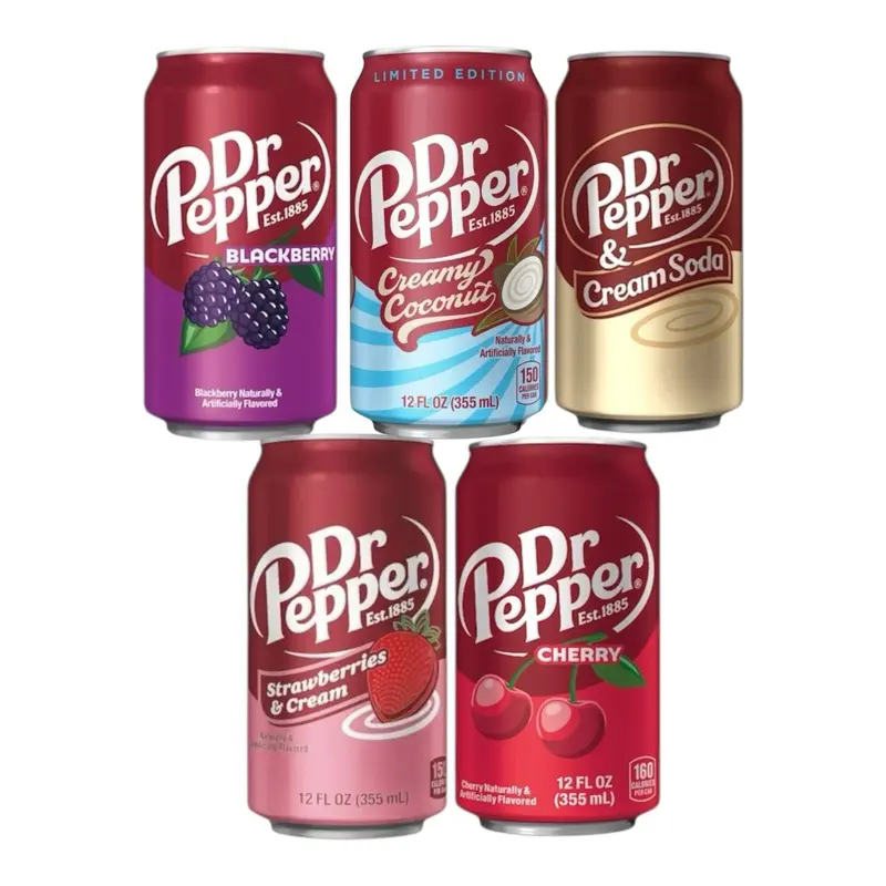 Dr Pepper 5 Pack Bundle - Blackberry, Creamy Coconut, & Cream Soda, Strawberries & Cream, Cherry -