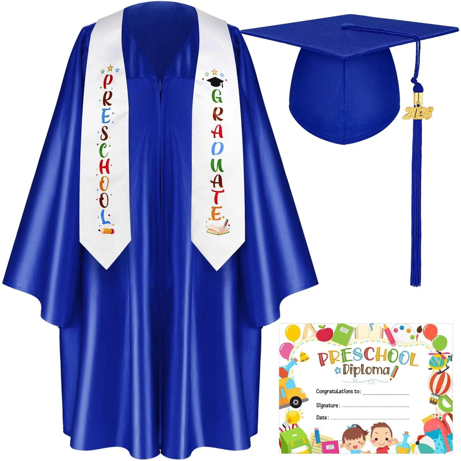 Preschool Graduation Outfit Class of 2026 Satin Graduation Cap and Gown Set with Stole Tassel Certificate, Cute Ceremony Photo Ready Attire for Pre-K Grad Party Photoshoot Teachers Parents Preschool Graduation Gift for Daughter Son Boys & Girls Students