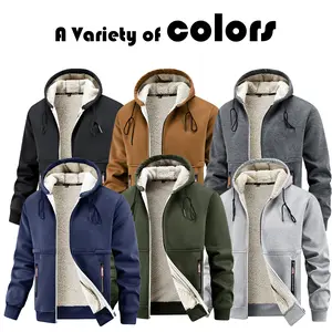 Men’s Full-Zip Fleece Sweatshirt, Faux Lamb-Wool Lining for Warmth, Windproof and Cold-Resistant Hooded Jacket