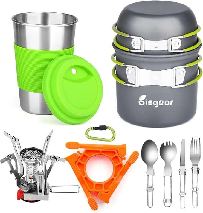 Bisgear Camping Cookware Portable Backpacking Stove Canister Stand Tripod Stainless Steel Cup Flatware Mess Kit - Camping Pot and Pans Cooking Set - Camping Gear Must Haves