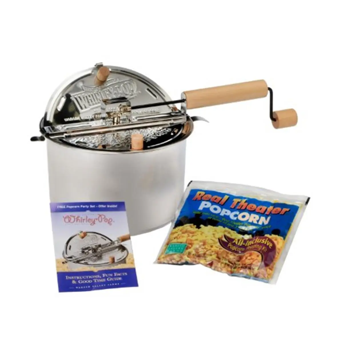 212 MAIN Stainless Steel Hand-Cranked 6 qt Round Popcorn Maker Pan Kit (Model 24003DS) - Detachable Metal Lid, Patent Stirrer, Buttery Seasoning Salt, Theater-Style Popping Function