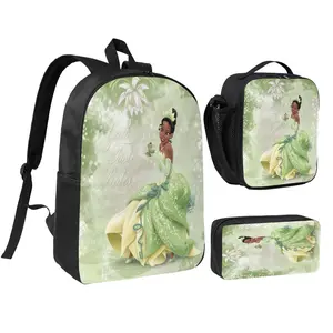 3pcs Princess and the frog Backpack Set for Girls & Boys Princess and the frog decorations Laptop School Bag with Insulated Lunch Bag & Pencil Pouch Popular Princess tiana Daypack for Teens, Students & Office Workers