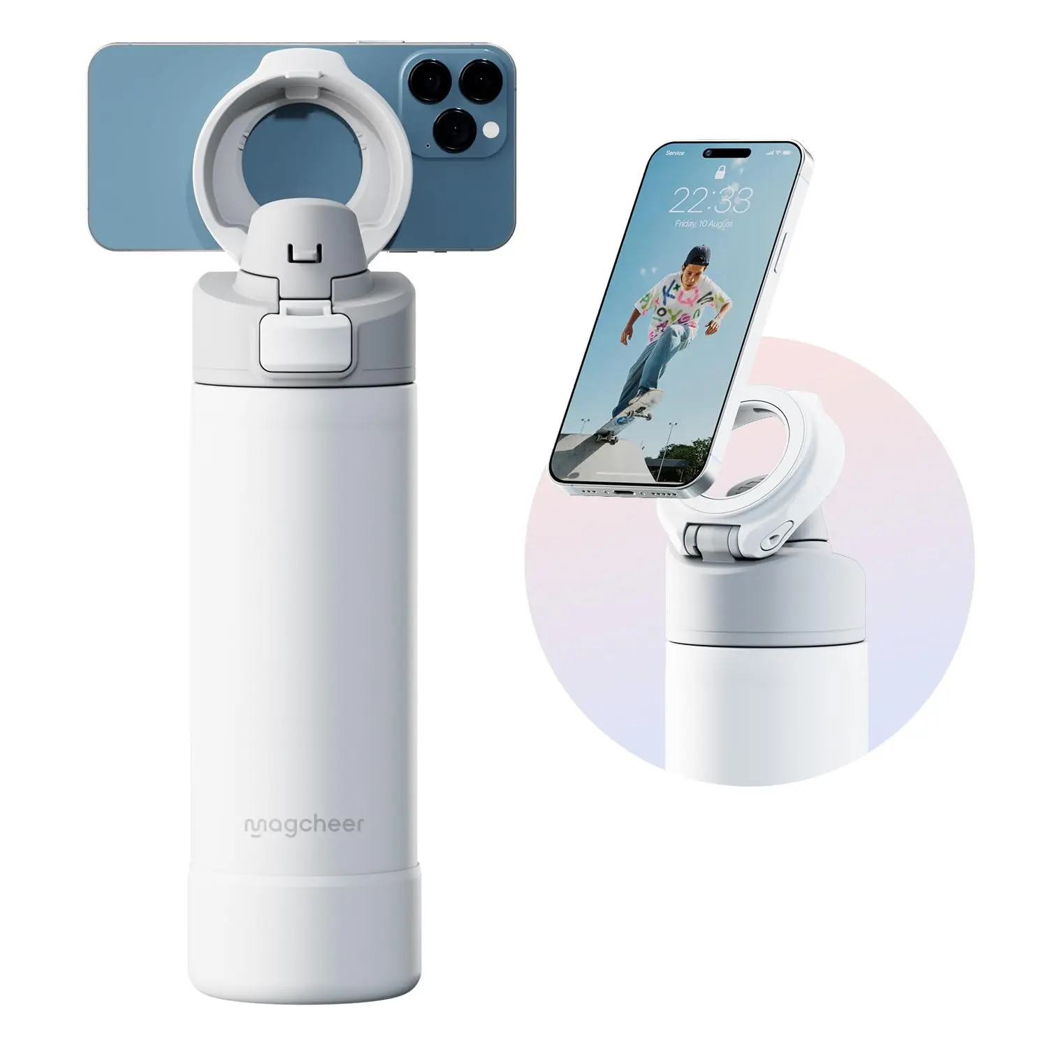 Magcheer Insulated Magnetic Vacuum Water Bottle - Reusable Stainless Steel Leak-Free Cold Water Cooling Flask, Portable MagSafe-Compatible Phone Holder, Magnetic Beverage Container Drinkware Tumbler (White), Cold Water Vacuum Flasks, Cooling Insulated Vac