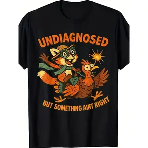 Men's Funny "Undiagnosed But Something Ain't Right" Graphic Round Neck Short Sleeve T-Shirt, Retro Cartoon Raccoon & Rooster Design, Humorous Medical Parody, Comfortable Menswear All-Season Fit