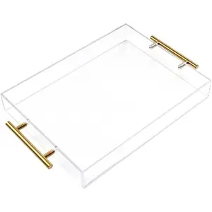 11"x14" Clear Acrylic Serving Tray with Golden Handles, Sturdy Huge Capacity Acrylic Tray for Coffee, Juice, Kitchen and Desk Organizer, Storage Tray ,11"x14"