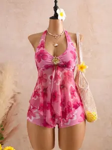 Gradient Floral Halter Neck V-Neck Metal Buckle Mesh Skirt Bottom Split Swimwear Two-Piece Set, Stylish Beach Wear Tankini Set