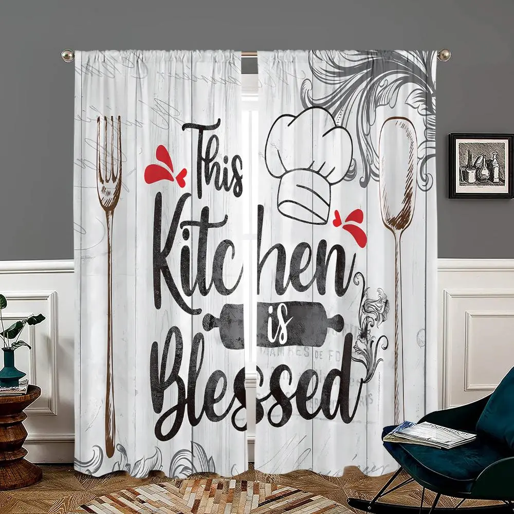 Kitchen Themed Pattern Curtain, 2 Counts/set Retro Kitchen Blessed Words Cutlery Printed Curtain, Decorative Art Style Door Curtain for Home Living Room Bedroom Home Decoration Curtain Kitchen Curtains