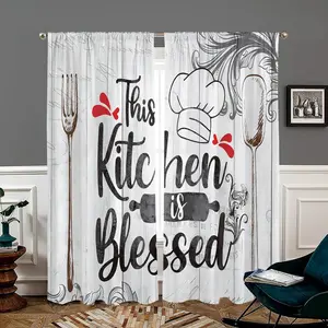 Kitchen Themed Pattern Curtain, 2 Counts/set Retro Kitchen Blessed Words Cutlery Printed Curtain, Decorative Art Style Door Curtain for Home Living Room Bedroom Home Decoration Curtain