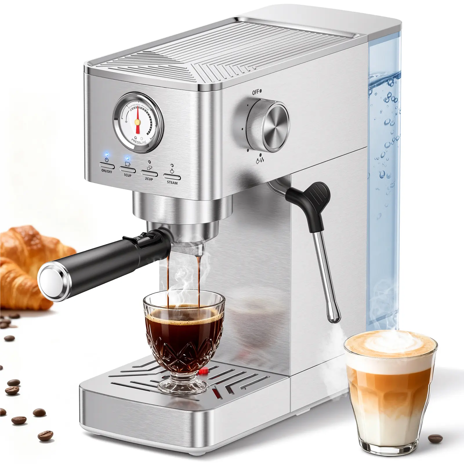 LERTIN 20-Bar Espresso Coffee Machine - Cappuccino Machine, Visible Pressure Gauge, 47 oz Water Tank, Milk Frother for Silky Microfoam, Silver Family Size Brewer, 45s Longer Shots, Auto-Off, At Home Espresso/Latte, Coffee Bar Gift for Enthusiasts