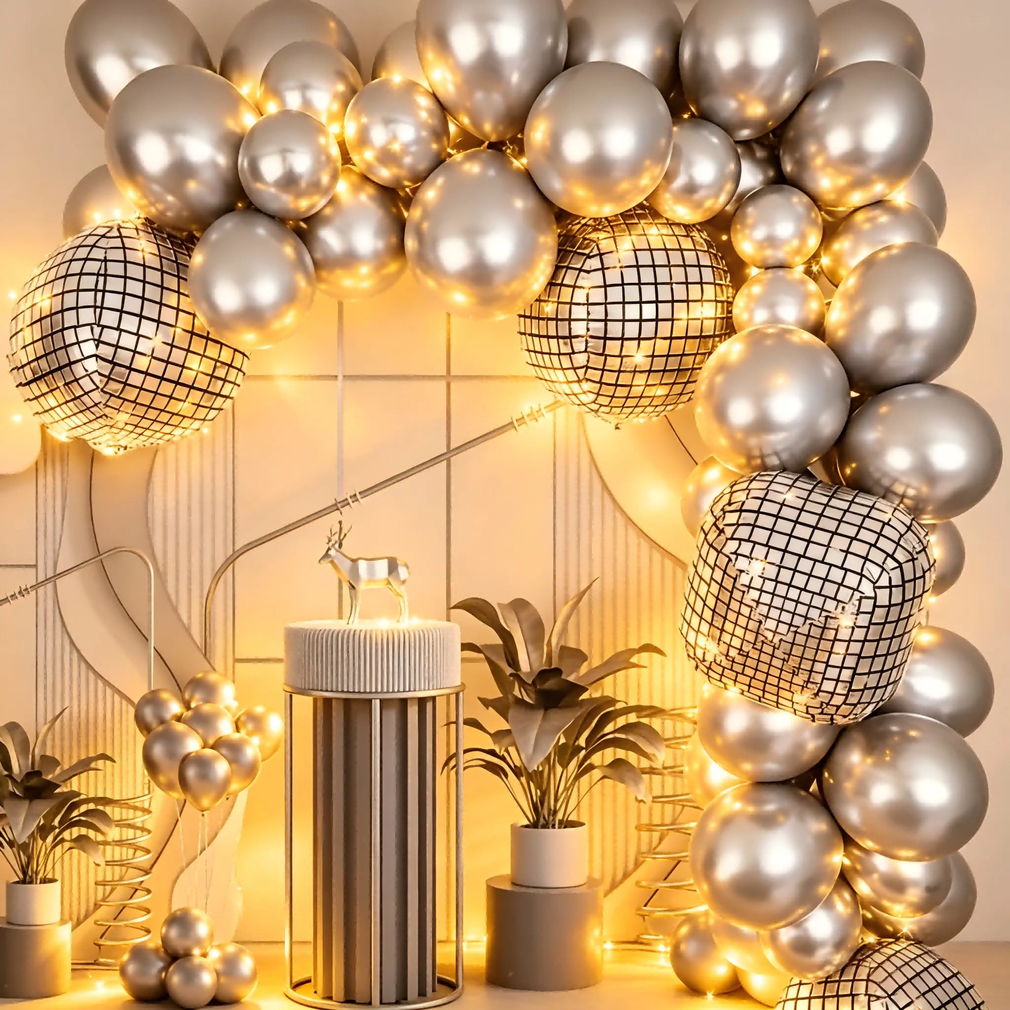 62-Piece Metallic Finish Mixed Colors Balloon Garland Kit - Metallic Silver, Gray and White Party Decor for Disco Party, Holiday Events - Ideal for Event Planners