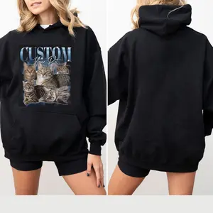 Pet Custom Vintage Washed Shirt - Hoodie, Custom Cat Graphic Unisex Hoodie, Dog Personalize Bootleg Retro 90's Hooded, Pet Lover Top Clear Customized Day Style