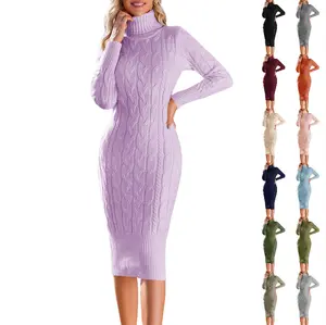 Imily Bela Womens Long Sleeve Turtleneck Sweater Dresses Knitted Bodycon Midi Sheath Jumper Dresses