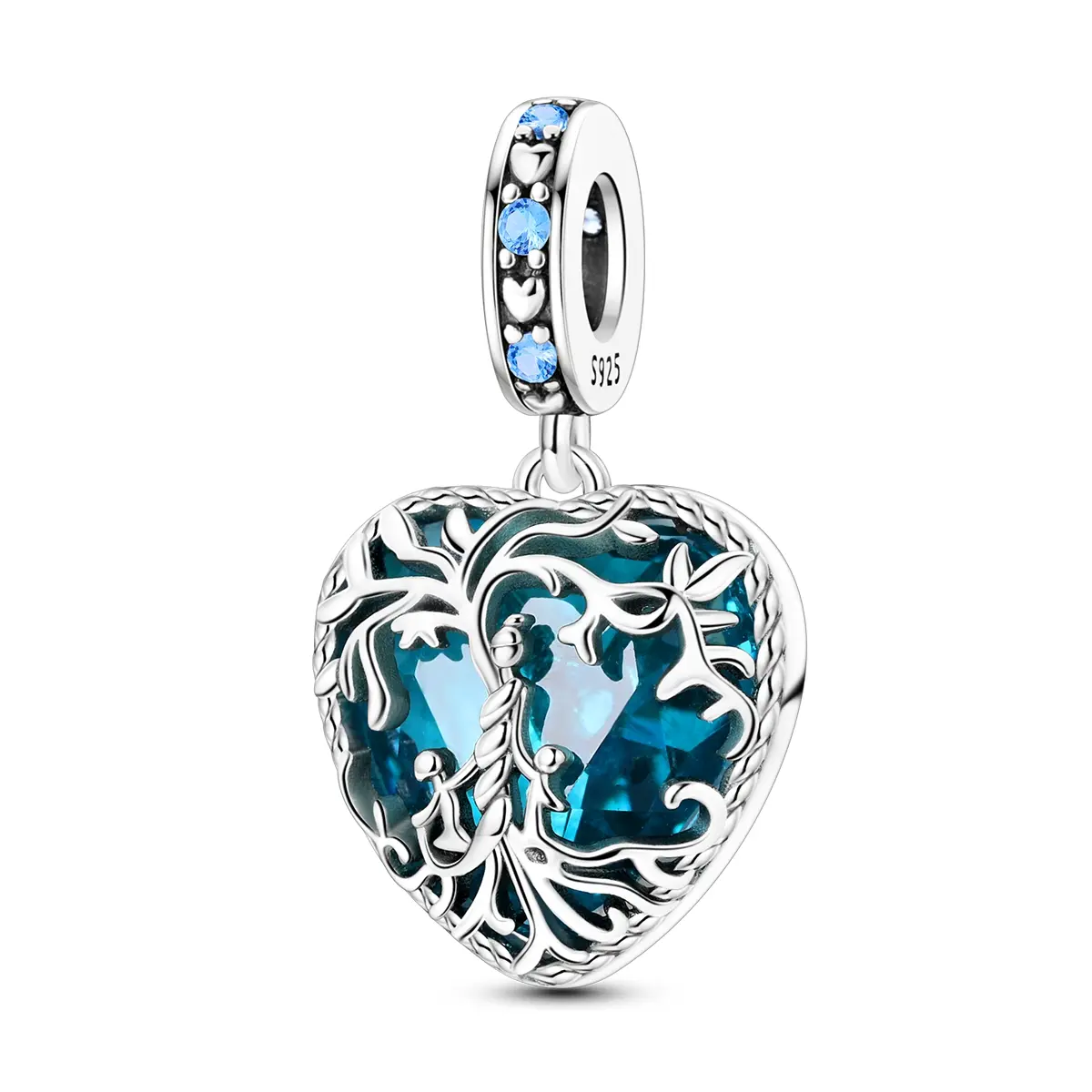 MULA Tree of Life Charms & Pendants for Women, 925 Silver-Plated Blue Glass Heart with Cubic Zirconia, Hypoallergenic, Fits Pandora Bracelets & Necklaces