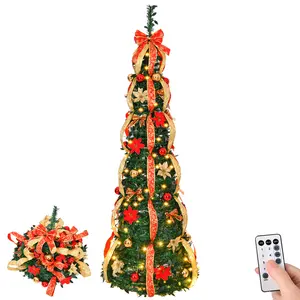 6FT Fully Decorated Pop-Up Christmas Tree - 150 Warm LED Lights & Red/Gold Ornaments, Battery Powered for Indoor Decor