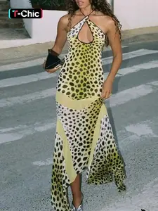 Women's Leopard Print Criss Cross Cut Out Halter Neck Dress, Casual Trendy Boho Asymmetrical Hem Sleeveless A Line Long Dress for Summer, Bohemian Casual Dress, Fashion Women's Dress for Beach Holiday, Womenswear, Chic Elegant Style