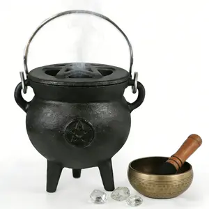 Triple Moon Cast Iron Cauldron with Handle, Mini Cast Iron Cauldron for Cooking, Pre-Seasoned, Candle Holder, Rituals & Decoration, Incense