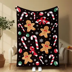 1pc Gingerbread Man & Candy Cane Flannel Throw Blanket - Soft Cozy Bedspread/Bed Covering, All-Season Couch Sofa Bed Travel Camping, Bedding Decor With Cane Patterns, Birthday Mother's Day Size 70x140cm/27. 56x55. 12 In